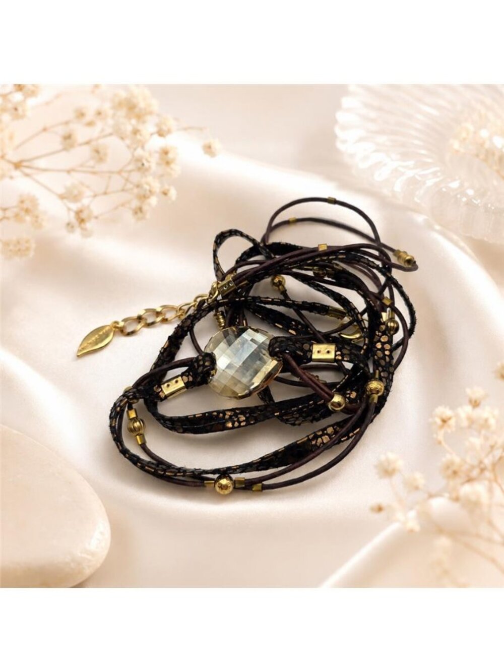 Sara Designs New York Brown Gold Speckled Leather Wrap Bracelet Faceted Glass